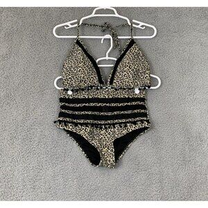 Women's Leopard Print Halter Bikini Set With Pom Pom & Tassel Details Multicolor